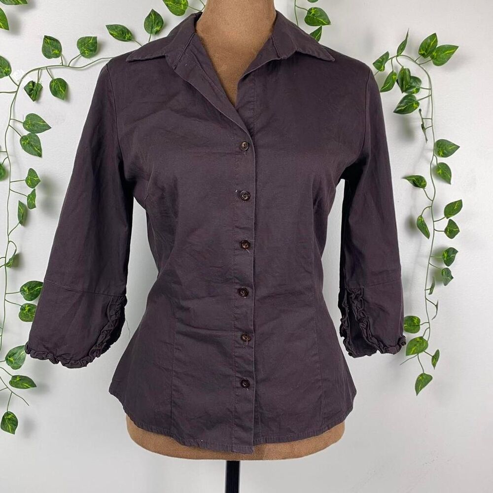 Vintage Y2K Yello Brown Button Up Blouse Ruffled cotton preppy business 2000s